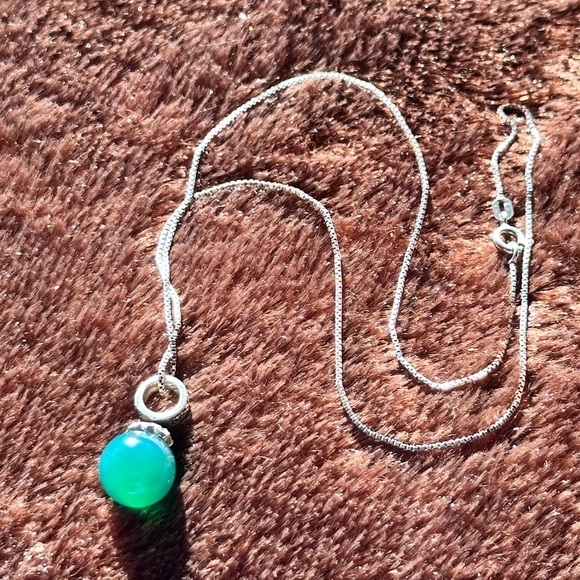 Sterling silver necklace Green Chalcedony, on box chain round pendant 1872 R - Picture 7 of 12